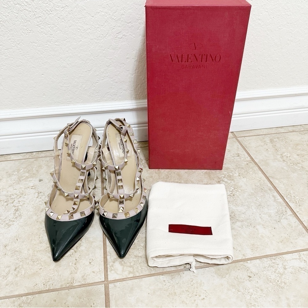 Valentino Green Leather Rockstud Ankle Strap Pumps heels Size 39 - Picture 7 of 8
